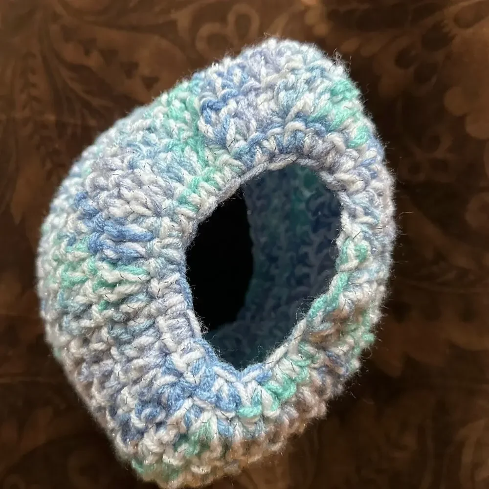 Ponytail hole crochet hat Silver tinsel pastel and white handmade acrylic
